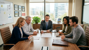 CRES - Real Estate Broker with buyers and sellers reviewing purchase and sales contract